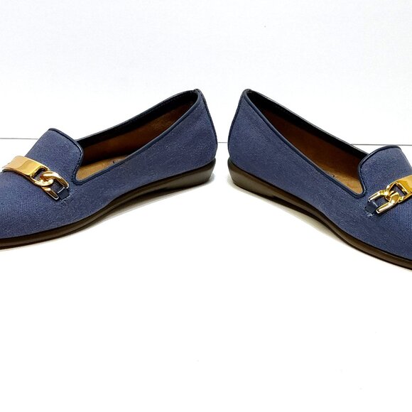 Aerosoles Close Bet Blue Fabric 103 Loafers 7M Gold Chain Detail Memory Foam NIB - Picture 6 of 13